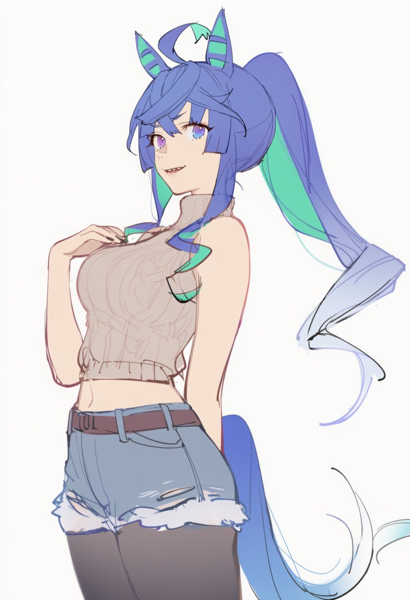 kisaragi shokuin, twin turbo (umamusume), umamusume, highres, 1girl, aged up, ahoge, alternate costume, animal ears, black pantyhose, blue eyes, blue hair, breasts, cropped sweater, crossed bangs, denim, denim shorts, heterochromia, horse ears, horse girl, horse tail, long hair, medium breasts, midriff, multicolored hair, navel, open mouth, pantyhose, pantyhose under shorts, ponytail, purple eyes, sharp teeth, shorts, sidelocks, simple background, sleeveless, smile, solo, sweater, tail, teeth, white background