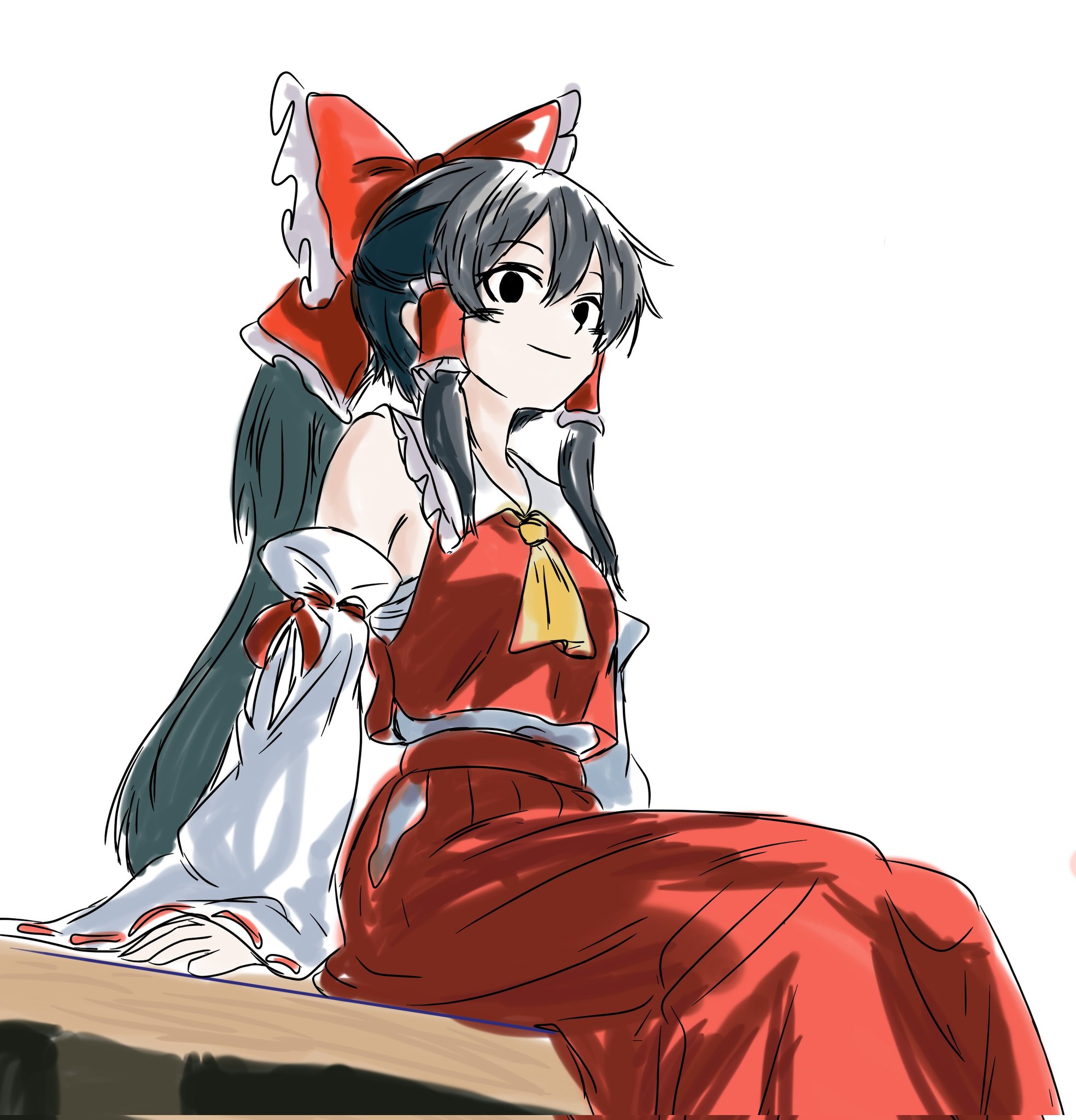 kametoyou, hakurei reimu, touhou, highres, 1girl, ascot, bare shoulders, black eyes, black hair, bow, breasts, closed mouth, collared shirt, detached sleeves, frills, hair bow, hair ornament, hair tubes, large bow, long hair, long sleeves, looking at viewer, low ponytail, medium breasts, nontraditional miko, ponytail, red bow, red skirt, red vest, ribbon-trimmed sleeves, ribbon trim, sarashi, shirt, sidelocks, simple background, sitting, skirt, skirt set, sleeveless, sleeveless shirt, smile, solo, vest, white background, white shirt, white sleeves, wide sleeves, yellow ascot