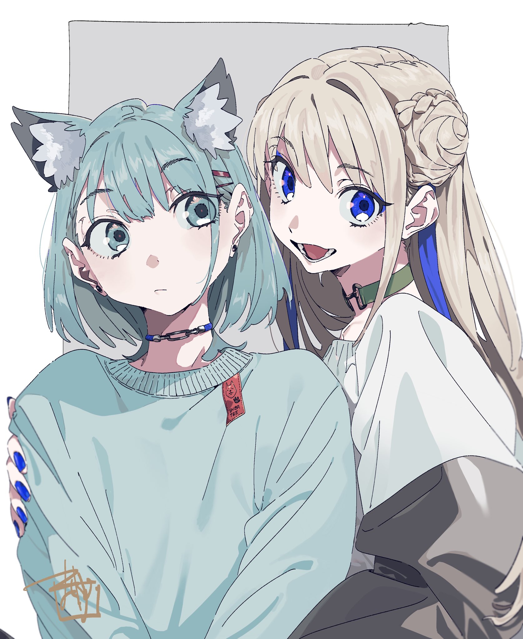 machi (wm), original, highres, 2girls, :d, animal ear fluff, animal ears, aqua eyes, aqua hair, aqua sweater, arm around shoulder, blonde hair, blue choker, blue eyes, blue eyeshadow, blue hair, bun with braided base, cat ears, choker, closed mouth, colored inner hair, double bun, ear piercing, eir (machi), eyeshadow, facing another, facing viewer, flat chest, green choker, grey background, grey jacket, hair bun, hair intakes, hug, jacket, light blush, long sleeves, looking at another, looking at viewer, lower teeth only, makeup, medium hair, multicolored hair, multiple girls, nail polish, off shoulder, open mouth, piercing, shirt, signature, smile, sweater, swept bangs, teeth, two-tone background, white background, white shirt