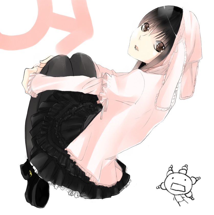 saikawa yusa, oryzae-tan, yuuki kei, moyashimon, narutaru, bad id, bad pixiv id, 1boy, animal ears, black hair, brown eyes, crossdressing, crossdressing (mtf), fake animal ears, frills, hood, long hair, lop rabbit ears, male focus, mars symbol, pantyhose, rabbit ears, skirt, solo, trap