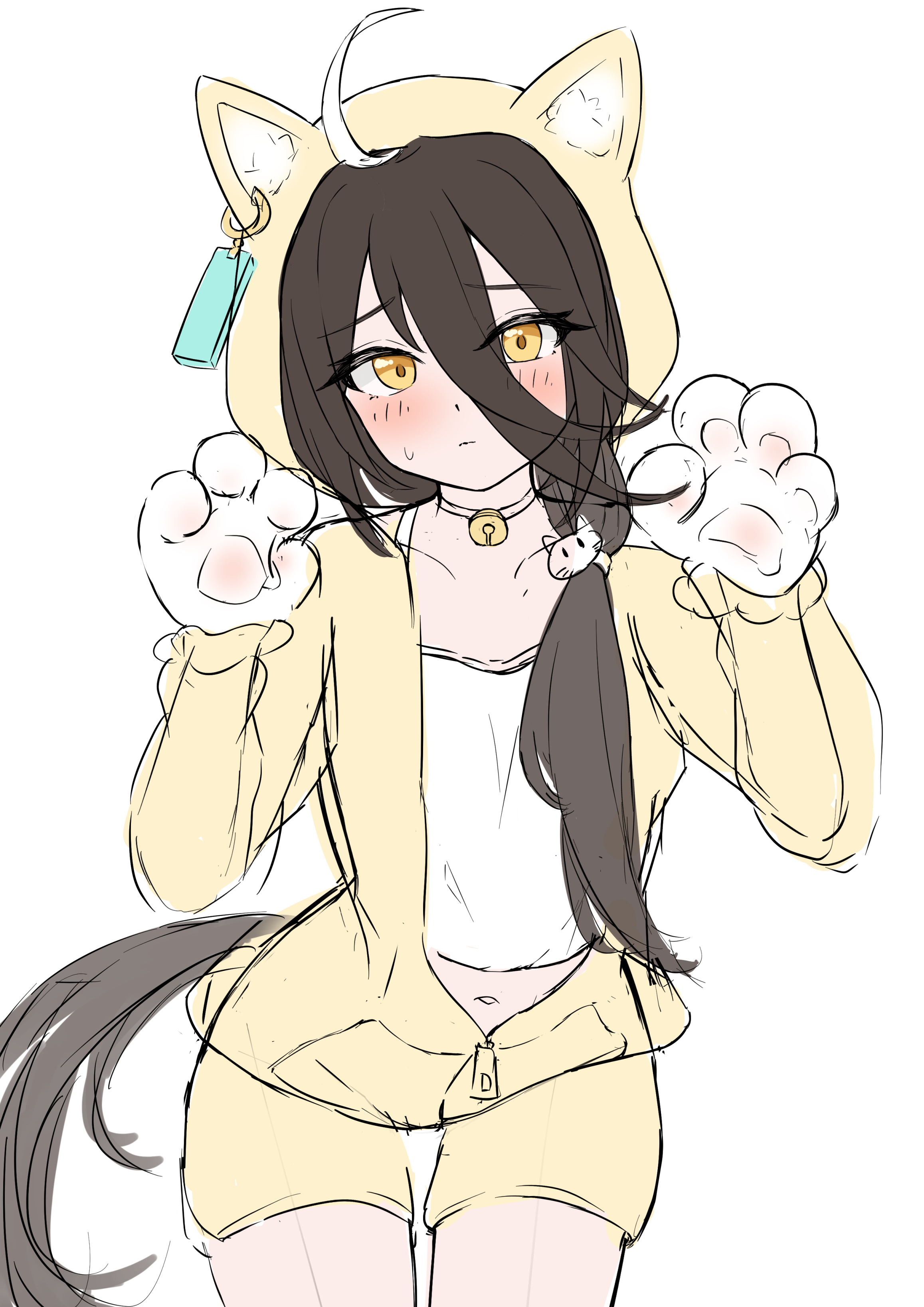 hojichabu, manhattan cafe (umamusume), umamusume, absurdres, highres, 1girl, ahoge, animal ears, animal hands, blush, camisole, cat ears, ear ornament, ear tag, earrings, embarrassed, fake animal ears, hair between eyes, hair over shoulder, horse girl, horse tail, jacket, jewelry, long bangs, long hair between eyes, long sleeves, low ponytail, multicolored hair, navel, open clothes, open jacket, paw pose, ponytail, shorts, simple background, single earring, solo, sweatdrop, tail, white background, white camisole, white hair, yellow eyes, yellow jacket, yellow shorts