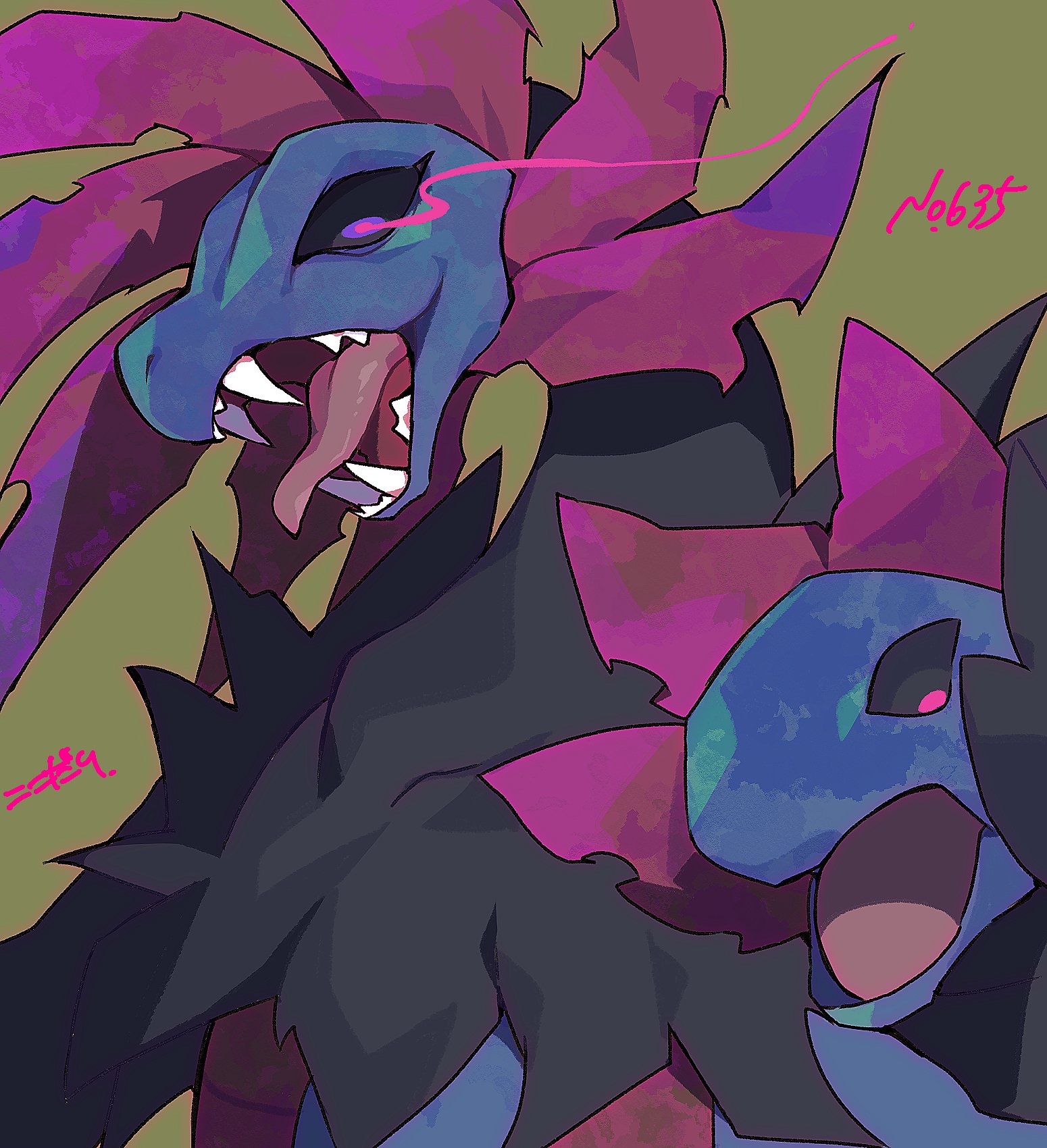 kokodari, hydreigon, nintendo, pokemon, highres, black sclera, colored sclera, dragon, fangs, gen 5 pokemon, multiple heads, no humans, open mouth, pokemon (creature), pokemon focus, purple eyes, sharp teeth, teeth, tongue