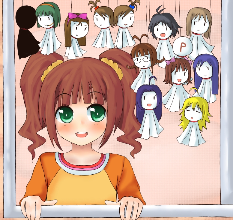 kagami yuu, akizuki ritsuko, amami haruka, futami ami, futami mami, hagiwara yukiho, hoshii miki, kikuchi makoto, kisaragi chihaya, minase iori, miura azusa, otonashi kotori, producer (idolmaster), takatsuki yayoi, idolmaster, idolmaster (classic), idolmaster 1, 00s, 1girl, antenna hair, brown hair, character doll, doll, everyone, female focus, glasses, green eyes, hair bobbles, hair ornament, raglan sleeves, siblings, sisters, solo, teruterubouzu, twins, twintails, window