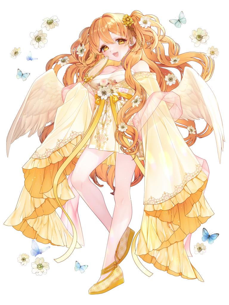 shizuya (szy tw), dairoku ryouhei, 1girl, :d, bare shoulders, blue butterfly, breasts, bug, butterfly, cleavage, dress, flower, holding, holding mirror, insect, long hair, long sleeves, mirror, misaki rui, open mouth, orange hair, shoes, sleeves past fingers, sleeves past wrists, smile, solo, standing, transparent background, very long hair, white wings, wings, yellow dress, yellow shoes