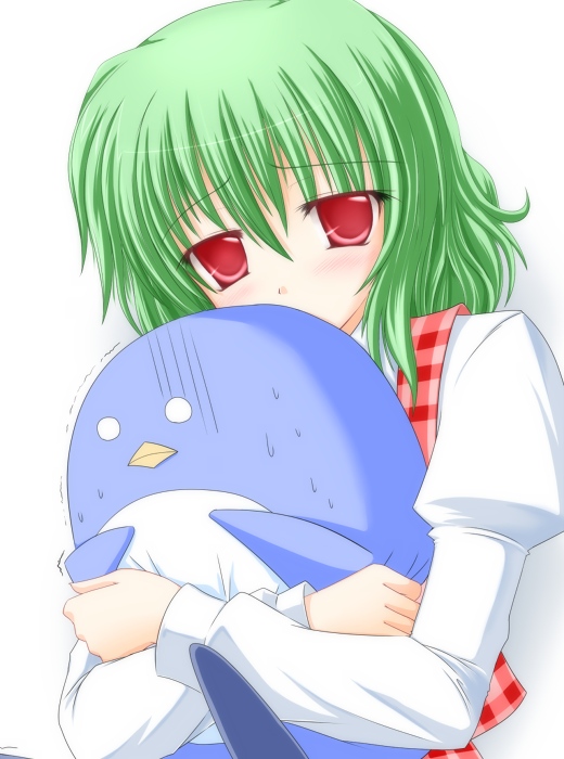 kazami yuuka, touhou, 1girl, bird, blush, crossed arms, female focus, green hair, hug, hug from behind, o o, penguin, plaid clothes, plaid vest, red eyes, scared, short hair, solo, sweatdrop, trembling, vest, white background