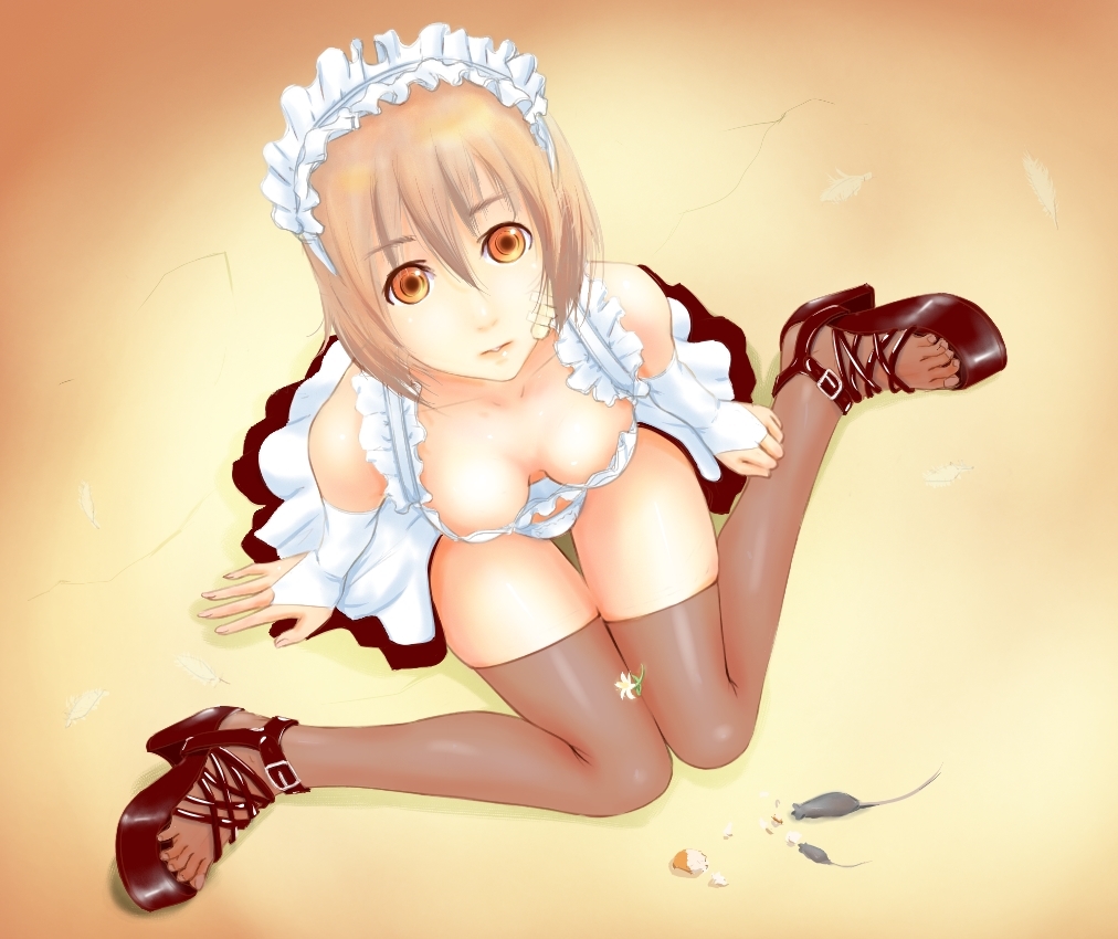nanahime, original, platform footwear, bad id, bad pixiv id, 1girl, bandaid, blonde hair, breasts, cleavage, downblouse, elbow gloves, female focus, flexible, from above, gloves, high heel sandals, high heels, looking up, maid, mouse (animal), orange eyes, panties, platform heels, platform sandals, sandals, short hair, sitting, solo, thighhighs, underwear, wariza