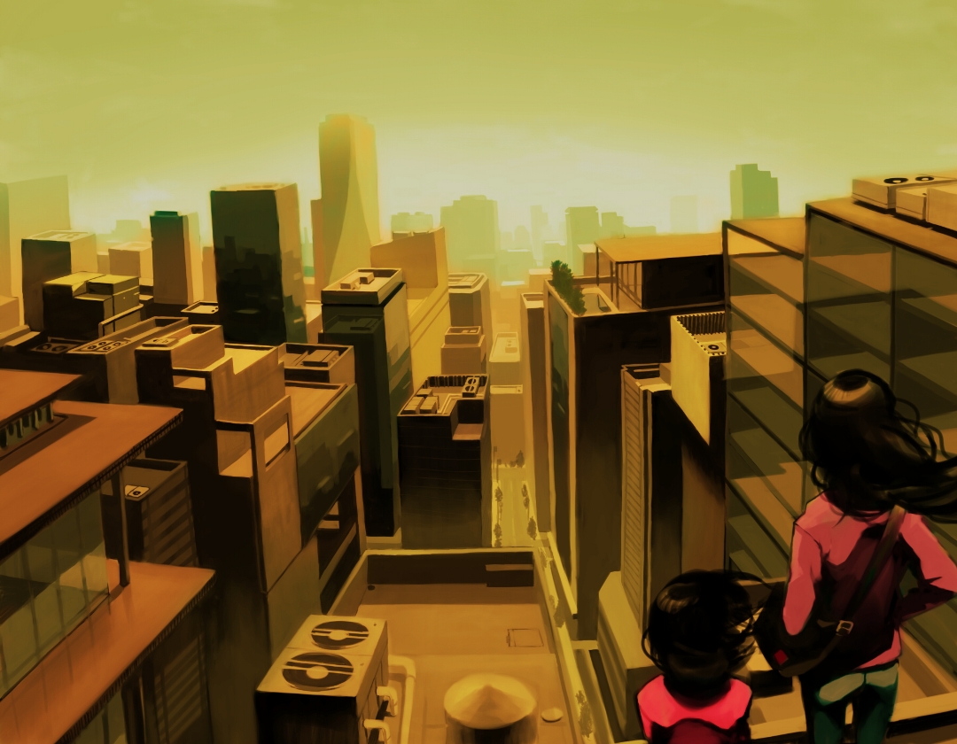 tomioka jirou, original, building, city, rooftop, scenery, sunset