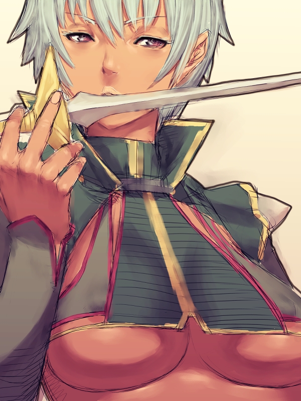 fumio (rsqkr), fang assassin irma, irma (queen's blade), queen's blade, 00s, 1girl, blue hair, breasts, dagger, dark-skinned female, dark skin, female focus, knife, large breasts, mouth hold, pink eyes, short hair, solo, sword, underboob, weapon, white hair