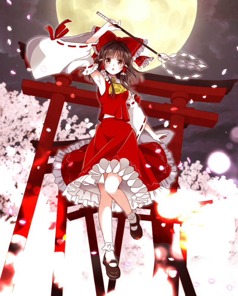 okawa friend, hakurei reimu, touhou, commentary request, 1girl, arm up, armpits, ascot, blush, bow, brown eyes, brown hair, brown shoes, cherry blossoms, cloud, cloudy sky, collar, detached sleeves, flying, frilled bow, frilled collar, frilled hair tubes, frills, full moon, glowing, glowing petals, gohei, hair bow, hair tubes, hand up, holding, holding gohei, knees, light particles, long hair, mary janes, moon, multiple torii, night, open mouth, petals, petticoat, pink petals, red bow, red shirt, red skirt, shirt, shoes, skirt, sky, socks, solo, torii, white collar, white sleeves, white socks, yellow ascot