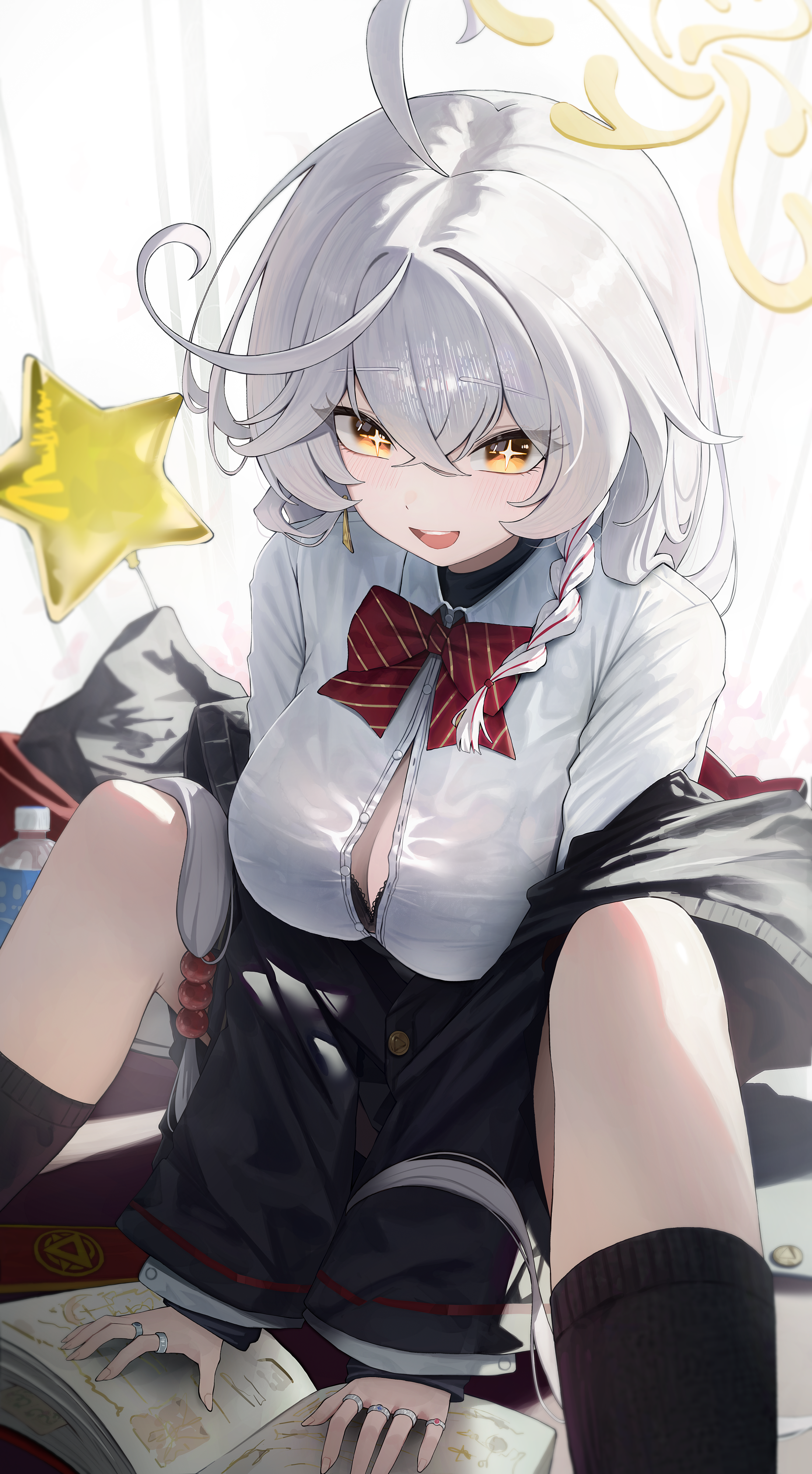 achib, eri (blue archive), blue archive, absurdres, highres, + +, 1girl, black bra, black jacket, black socks, book, bow, bra, bra peek, bra visible through clothes, braid, breasts, cleavage, collared shirt, crossed bangs, diagonal-striped bow, grey hair, hair between eyes, halo, holding, holding book, jacket, jewelry, kneehighs, large breasts, long hair, looking at viewer, multiple rings, red bow, ring, shirt, sidelocks, single braid, sitting, socks, solo, striped bow, underwear, white shirt, yellow eyes, yellow halo