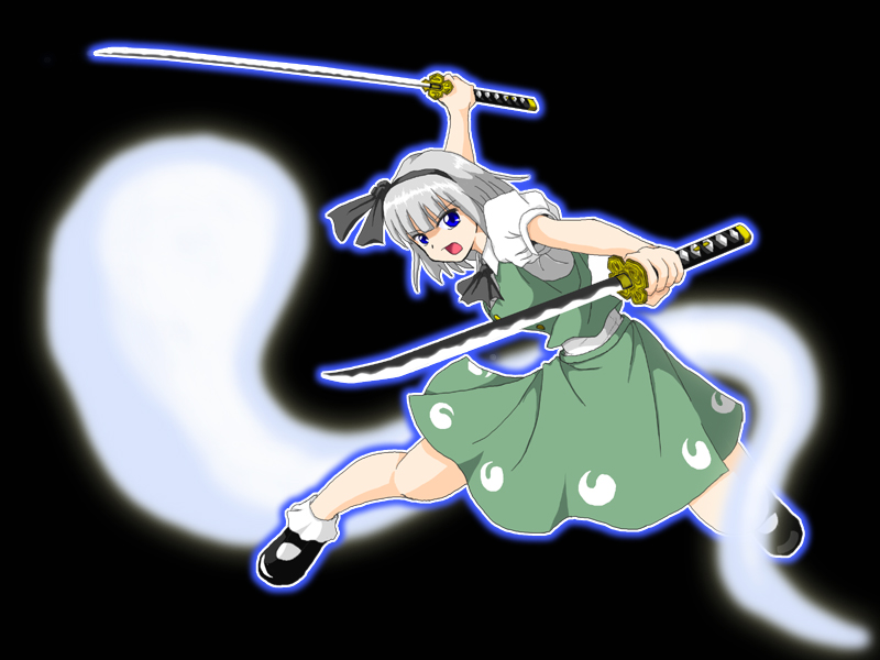 brave (pixiv), konpaku youmu, konpaku youmu (ghost), touhou, silver hair, bad id, bad pixiv id, inactive account, 1girl, blue eyes, dual wielding, female focus, ghost, hairband, hitodama, holding, katana, ribbon, school uniform, serafuku, short hair, solo, sword, tanto, weapon