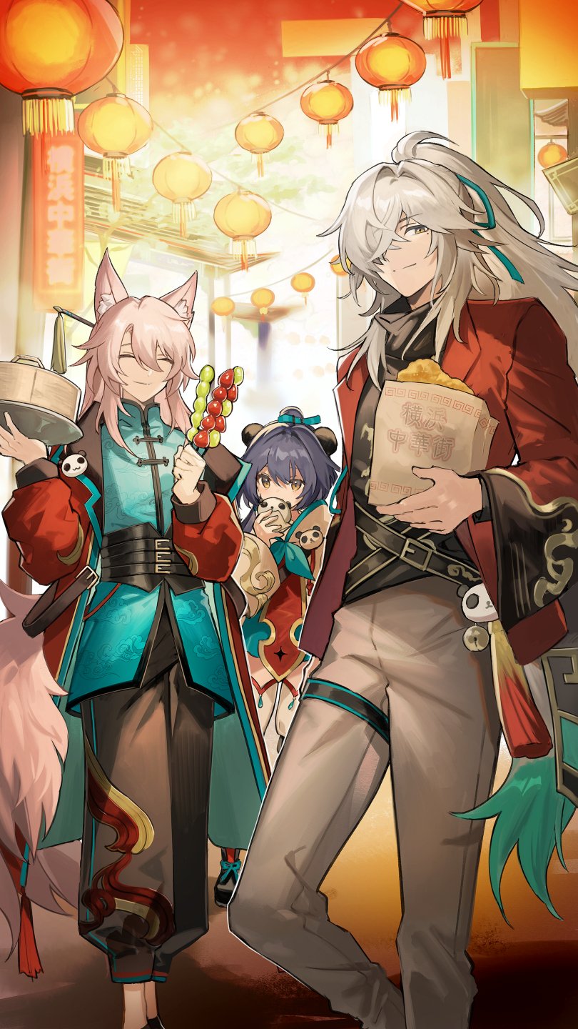 hayama eishi, jiaoqiu (honkai: star rail), jing yuan, yunli (honkai: star rail), honkai: star rail, honkai (series), highres, 1girl, 2boys, alternate costume, animal ear fluff, animal ears, aqua hair, architecture, bag, baggy pants, bamboo steamer, bell, belt, black belt, black pants, black shirt, black shoes, blue dress, blue gemstone, blue hair, blue ribbon, blue shirt, bun (food), chinese clothes, closed eyes, closed mouth, cloud print, covering own mouth, dress, east asian architecture, eating, fake animal ears, fish, food, fox boy, fox ears, fox tail, gem, gradient hair, grey pants, guest art, hair between eyes, hair ornament, hair over one eye, hair ribbon, hair stick, hands up, high ponytail, holding, holding bag, holding food, holding skewer, holding tray, jacket, lantern, lapels, long hair, long sleeves, looking at viewer, mandarin collar, mole, mole under eye, multicolored hair, multiple boys, open clothes, open jacket, outdoors, panda ears, panda ornament, pants, paper lantern, pink hair, ponytail, puffy long sleeves, puffy sleeves, red jacket, red tabard, ribbon, shirt, shoes, sidelocks, skewer, smile, standing, tabard, tail, tanghulu, tangzhuang, tassel, thigh strap, tray, turtleneck, turtleneck shirt, very long hair, wide sleeves, yellow eyes, yokohama