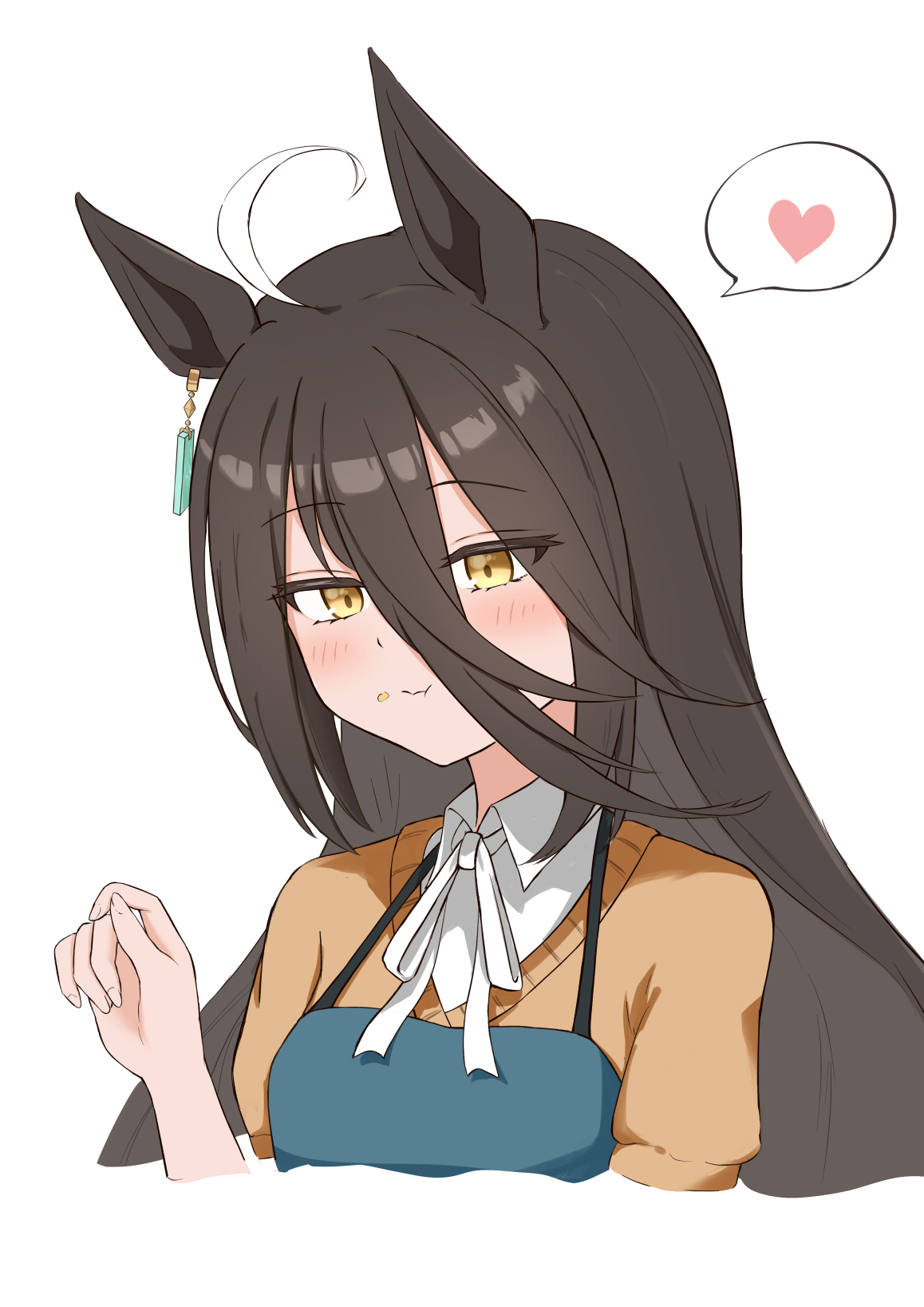 hojichabu, manhattan cafe (umamusume), umamusume, highres, 1girl, :t, ahoge, animal ears, apron, black hair, blush, closed mouth, collared shirt, ear ornament, ear tag, earrings, eating, food, food on face, green apron, hand up, heart, horse ears, horse girl, jewelry, long hair, multicolored hair, neck ribbon, ribbon, shirt, short-sleeved sweater, short sleeves, simple background, single earring, solo, speech bubble, spoken heart, sweater, very long hair, white background, white hair, white ribbon, white shirt, yellow eyes, yellow sweater