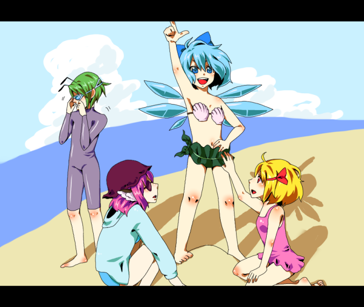 nununu (okusama), cirno, mystia lorelei, rumia, wriggle nightbug, touhou, 4girls, antennae, beach, bikini, blonde hair, blue eyes, blue hair, bodysuit, bow, day, diving suit, female focus, glasses, goggles, green hair, hair bow, hat, ice, letterboxed, multiple girls, outdoors, purple hair, red eyes, short hair, skirt, swimsuit, team 9 (touhou), wetsuit, wings