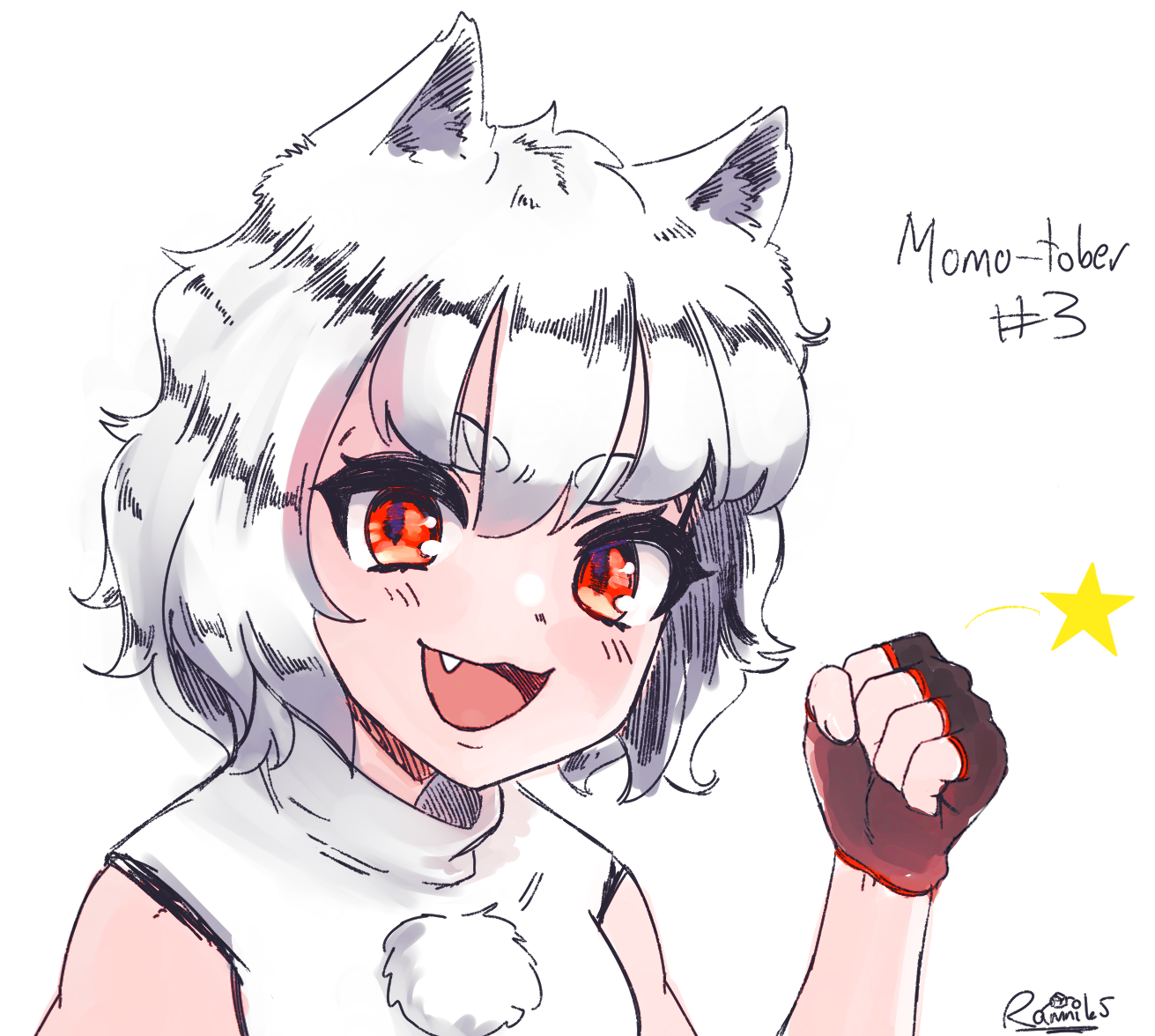 ramnik5, inubashiri momiji, touhou, commentary, english commentary, 1girl, :3, animal ears, arm up, black gloves, black trim, clenched hand, close-up, english text, fang, fingerless gloves, gloves, hair between eyes, light blush, medium hair, no headwear, open mouth, pom pom (clothes), red eyes, red trim, shirt, signature, simple background, sleeveless, sleeveless shirt, smile, solo, star (symbol), upper body, white background, white hair, white shirt, wolf ears, wolf girl