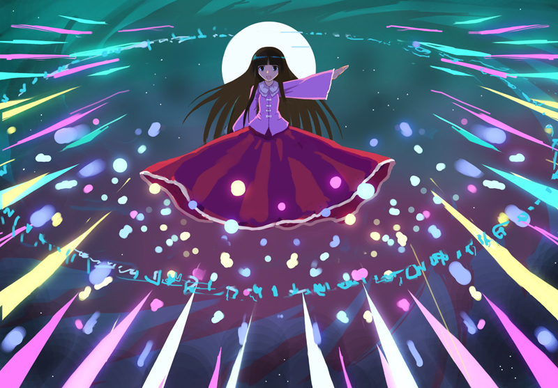 yuugiri (u-slash), houraisan kaguya, imperishable night, touhou, bad id, bad pixiv id, 1girl, black hair, danmaku, female focus, long hair, moon, solo