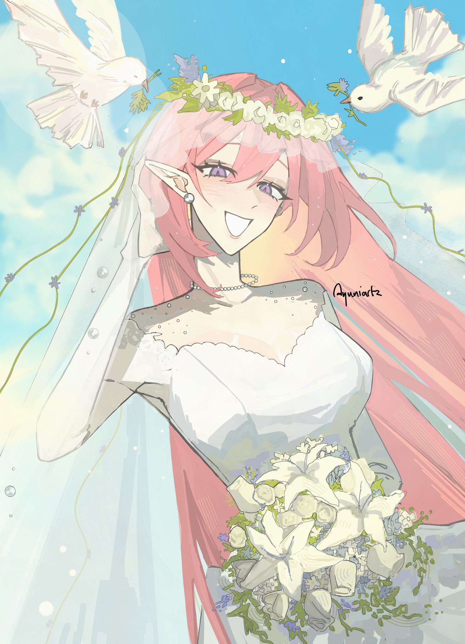 elysia (honkai impact), honkai (series), honkai impact 3rd, hashtag-only commentary, highres, 1girl, artist name, bird, blue sky, bouquet, breasts, bridal veil, cleavage, dove, dress, earrings, elf, flower, head wreath, holding, holding bouquet, jewelry, large breasts, long hair, pink hair, pointy ears, purple eyes, sky, smile, solo, veil, very long hair, wedding dress, white dress, yundrawingz