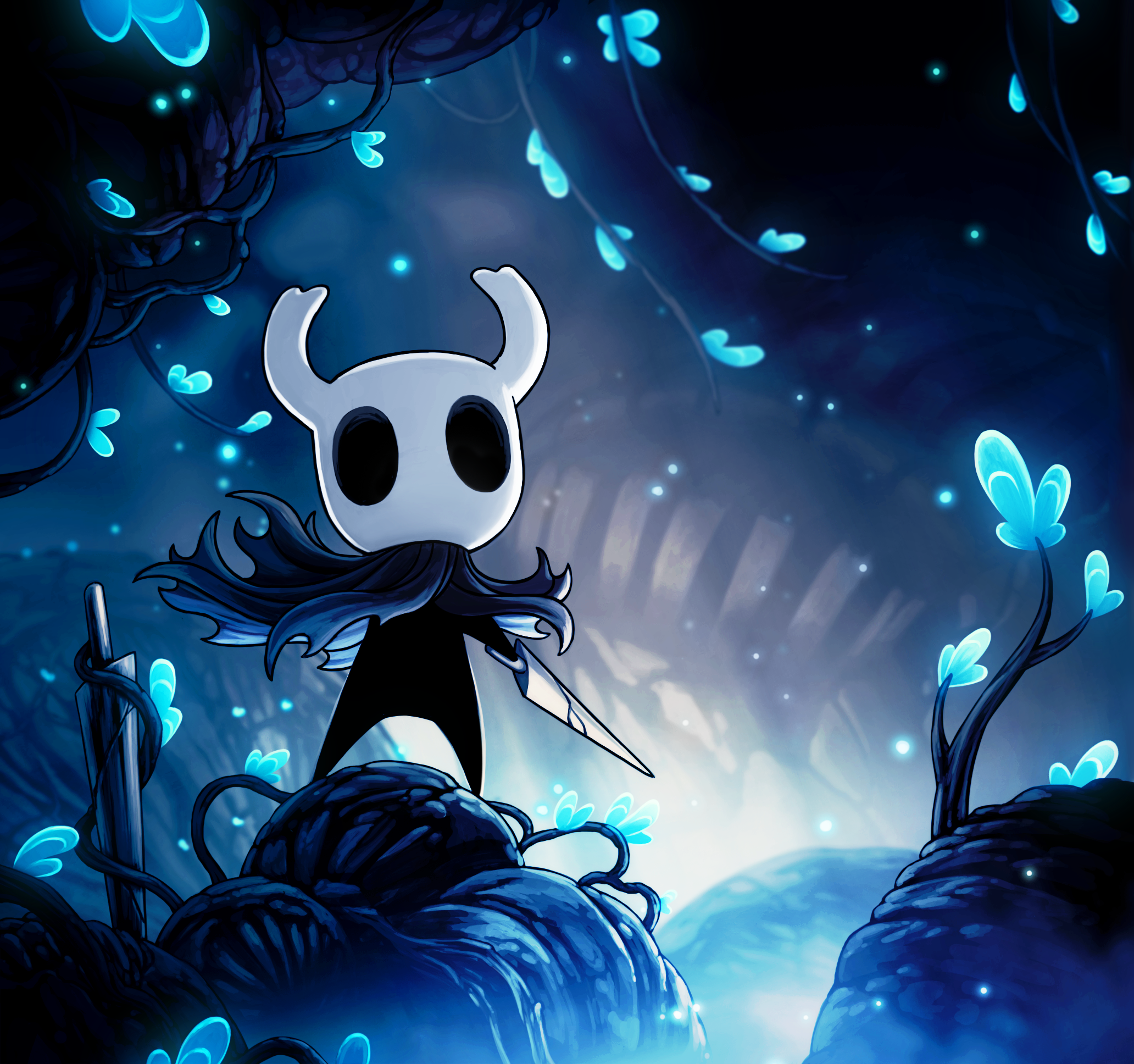 knight (hollow knight), hollow knight, highres, official art, promotional art, 1other, ari gibson, bioluminescence, black skin, bug, cave interior, chitin, cloak, colored skin, damaged, floating cape, glowing, grey cloak, holding, holding weapon, hollow eyes, horned mask, light particles, mask, nail (hollow knight), old nail (hollow knight), planted, planted sword, planted weapon, solid oval eyes, solo, standing, sword, weapon, white mask