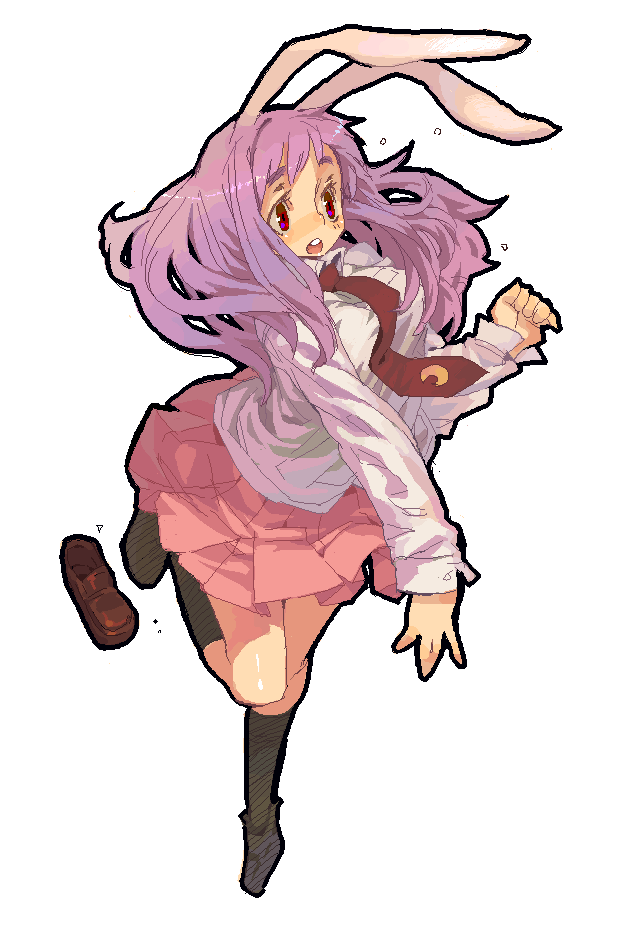 kishi kaisei, reisen udongein inaba, touhou, bad id, bad pixiv id, 1girl, animal ears, female focus, necktie, oekaki, purple eyes, purple hair, rabbit ears, red necktie, shoe loss, shoes, single shoe, solo, unworn shoes