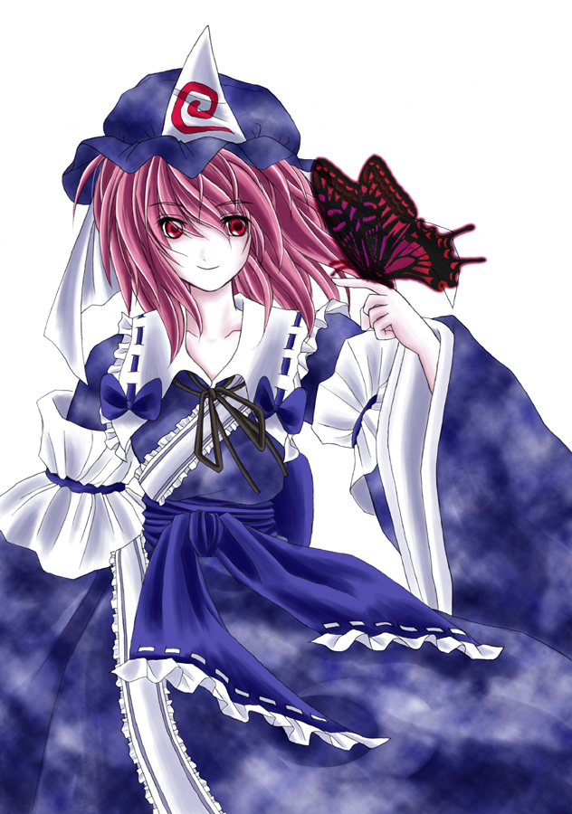 crawd, kirisamemaru, saigyouji yuyuko, touhou, 1girl, bug, butterfly, dress, female focus, hat, insect, japanese clothes, pink hair, red eyes, simple background, solo, white background