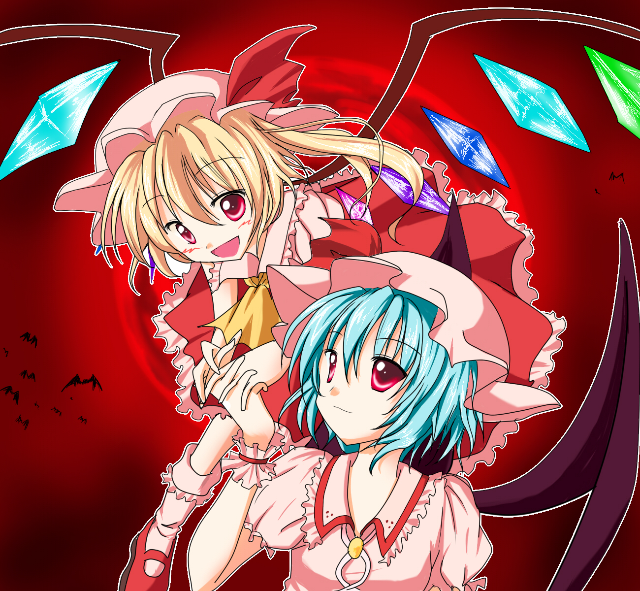 haiiro (immature), flandre scarlet, remilia scarlet, touhou, highres, 2girls, aqua hair, bat wings, blonde hair, female focus, gradient background, hat, mob cap, multiple girls, red eyes, siblings, sisters, upper body, wings, wristband