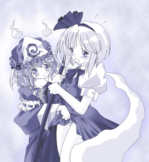 chouzetsu yarou, konpaku youmu, konpaku youmu (ghost), saigyouji yuyuko, touhou, 2girls, blue theme, clothes lift, female focus, ghost, hairband, hat, hitodama, monochrome, multiple girls, panties, ribbon, short hair, skirt, skirt lift, underwear