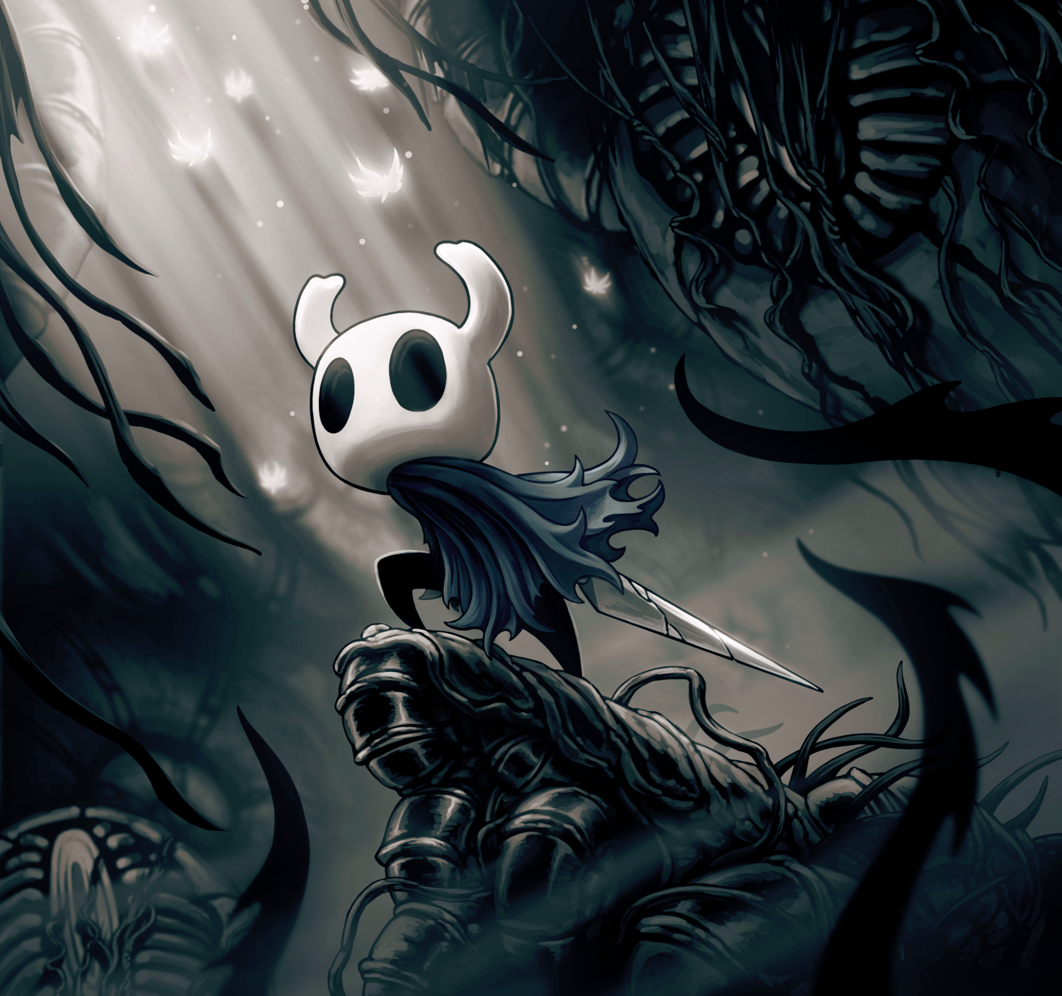 knight (hollow knight), hollow knight, highres, official art, promotional art, 1other, ari gibson, arm at side, black skin, bug, cave interior, chitin, cloak, colored skin, damaged, from below, grey cloak, holding, holding weapon, hollow eyes, horned mask, light particles, light rays, mask, nail (hollow knight), old nail (hollow knight), overgrown, plant, solid oval eyes, solo, tendril, vines, weapon, white mask