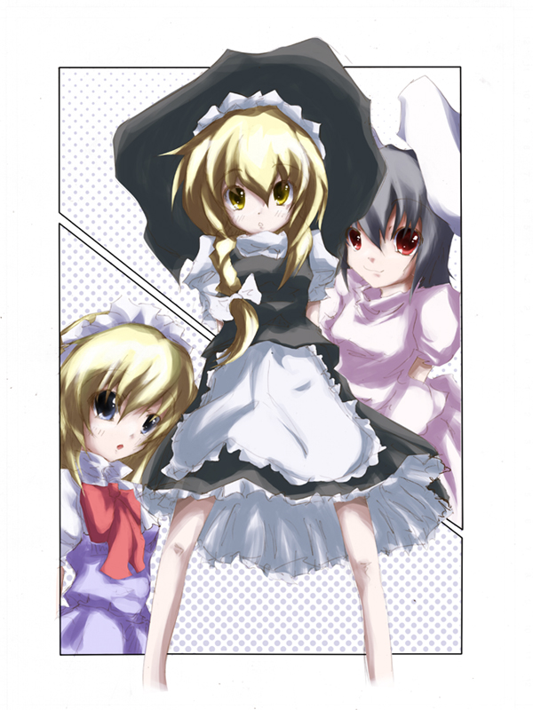 remyu, alice margatroid, inaba tewi, kirisame marisa, touhou, bad id, bad pixiv id, 3girls, animal ears, black hair, blonde hair, blue eyes, female focus, halftone, halftone background, hat, long hair, multiple girls, rabbit ears, red eyes, ribbon, short hair, skirt, white background, yellow eyes