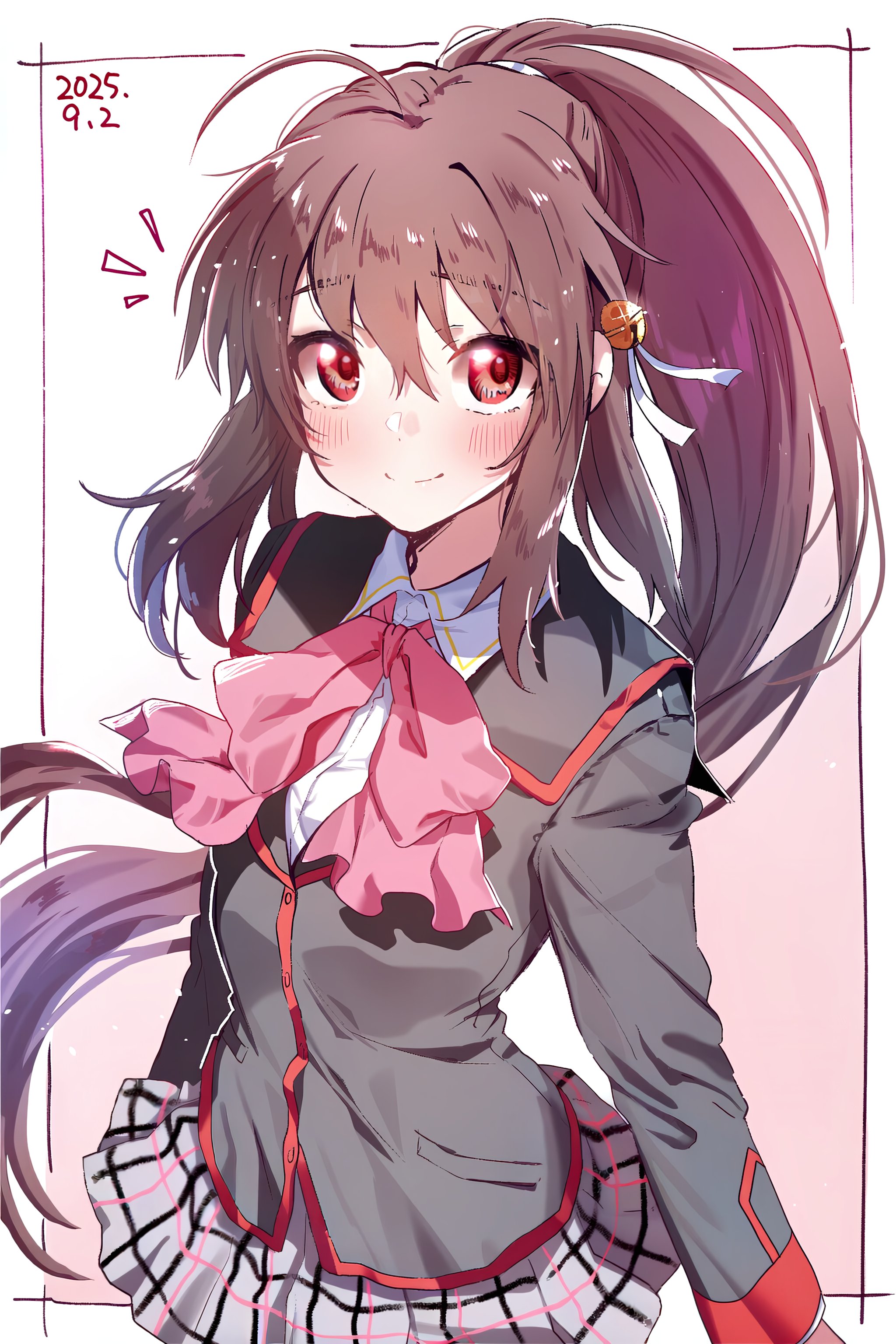 ga-006, natsume rin, little busters!, absurdres, highres, 1girl, arms at sides, bell, black jacket, blush, bow, brown hair, closed mouth, eyes visible through hair, floating hair, grey skirt, hair bell, hair between eyes, hair ornament, hair ribbon, jacket, jingle bell, little busters! school uniform, long hair, long sleeves, looking at viewer, notice lines, pink bow, plaid clothes, plaid skirt, ponytail, red eyes, ribbon, school uniform, shirt, sidelocks, simple background, skirt, smile, solo, upper body, upturned eyes, very long hair, white background, white ribbon, white shirt