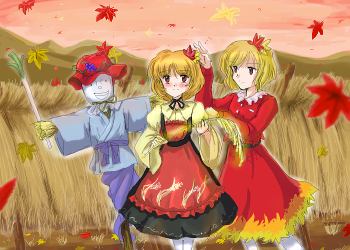 flx, aki minoriko, aki shizuha, yagokoro, touhou, 2girls, autumn, blonde hair, dress, female focus, hair ornament, hat, leaf, leaf hair ornament, leaf on head, multiple girls, red eyes, scarecrow, short hair, siblings, sisters, spring onion, unworn hat, unworn headwear, wheat