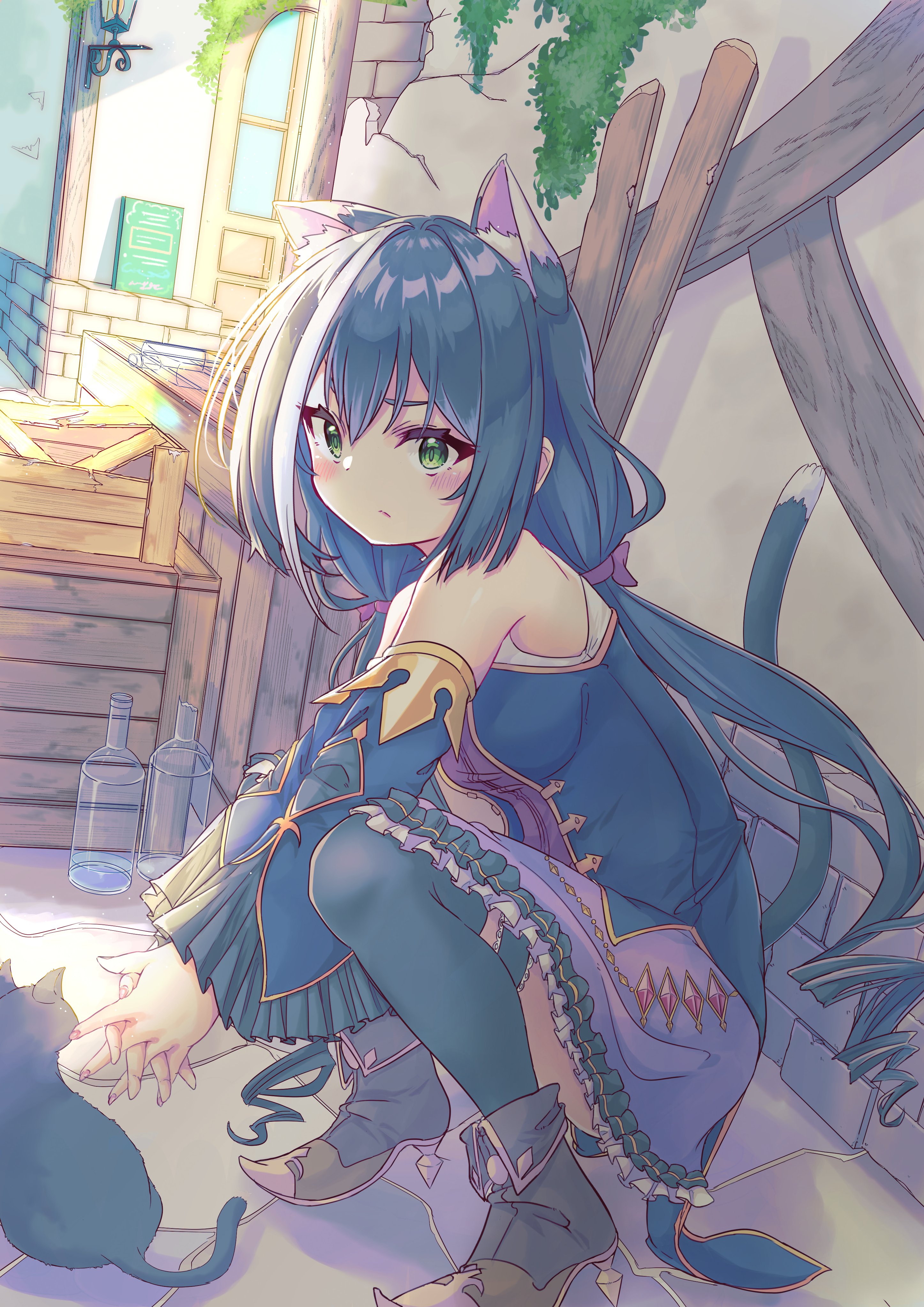 eclair milk, karyl (princess connect!), princess connect!, absurdres, highres, 1girl, animal ear fluff, animal ears, bare shoulders, black hair, blue sleeves, blush, bottle, cat, cat ears, cat girl, cat tail, closed mouth, detached sleeves, frills, green eyes, long hair, looking at viewer, low twintails, multicolored hair, sleeveless, solo, squatting, streaked hair, tail, thighhighs, twintails, very long hair, white hair