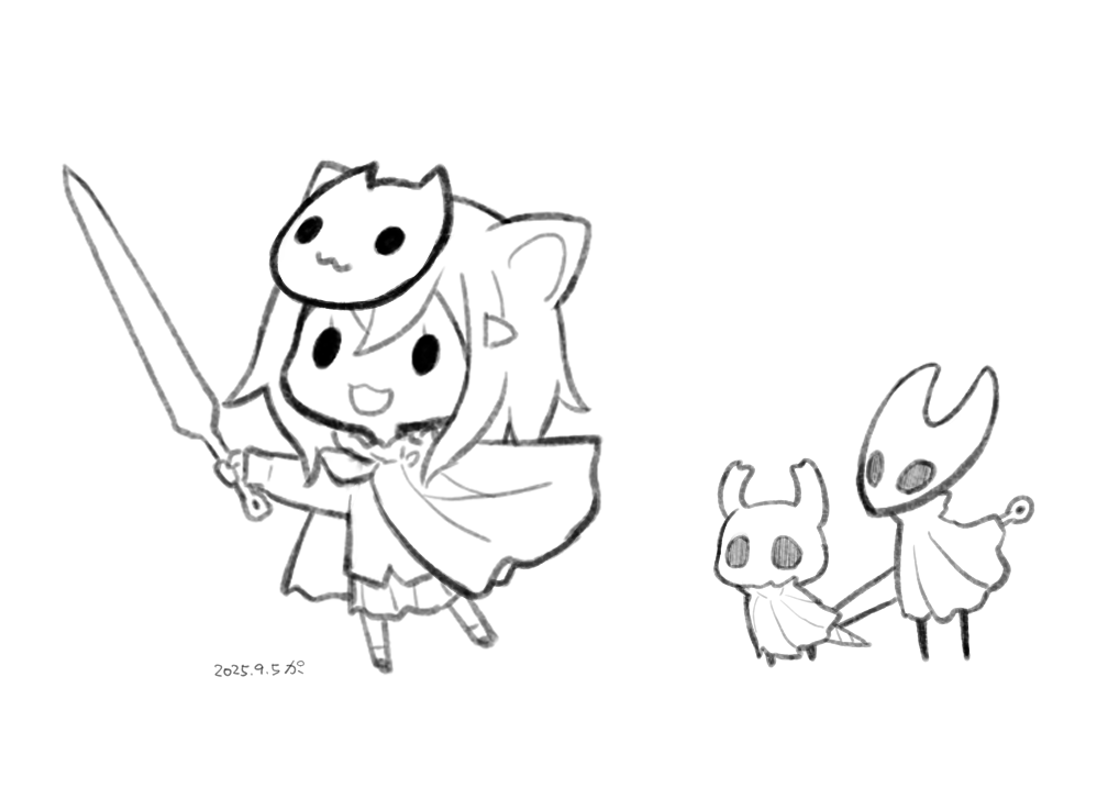 capriccio, hollow knight, hollow knight: silksong, original, character request, commentary request, 1girl, :d, animal ears, cat ears, chibi, cloak, dated, greyscale, hair between eyes, hair ornament, hairclip, holding, holding sword, holding weapon, long sleeves, mask, mask on head, monochrome, open mouth, pleated skirt, shirt, simple background, skirt, smile, socks, solid oval eyes, sword, weapon, white background