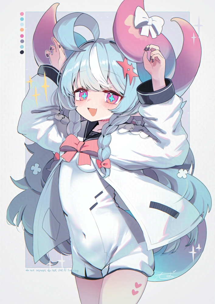 saebashi, original, + +, 1girl, ahoge, aqua hair, arms up, blue hair, blush, bow, bowtie, braid, breasts, color guide, covered navel, cowboy shot, curled horns, diamond-shaped pupils, diamond (shape), grey background, hair ornament, heart, horn ornament, horns, jacket, long hair, long sleeves, looking at viewer, low twin braids, multicolored hair, nail polish, open clothes, open mouth, pink bow, pink bowtie, pink eyes, pink horns, pointy ears, purple horns, ribbon, sailor collar, sidelocks, small breasts, smile, solo, sparkle, star (symbol), star hair ornament, starfish hair ornament, streaked hair, symbol-shaped pupils, tail, tattoo, twin braids, two-tone hair, white hair, white jacket
