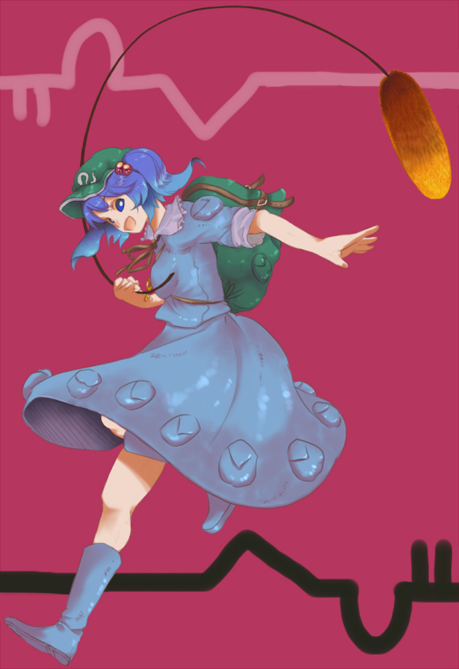 as (ashyblown), kawashiro nitori, touhou, bad id, bad pixiv id, 1girl, bag, blue eyes, blue hair, boots, female focus, hat, matching hair/eyes, short hair, solo, two side up