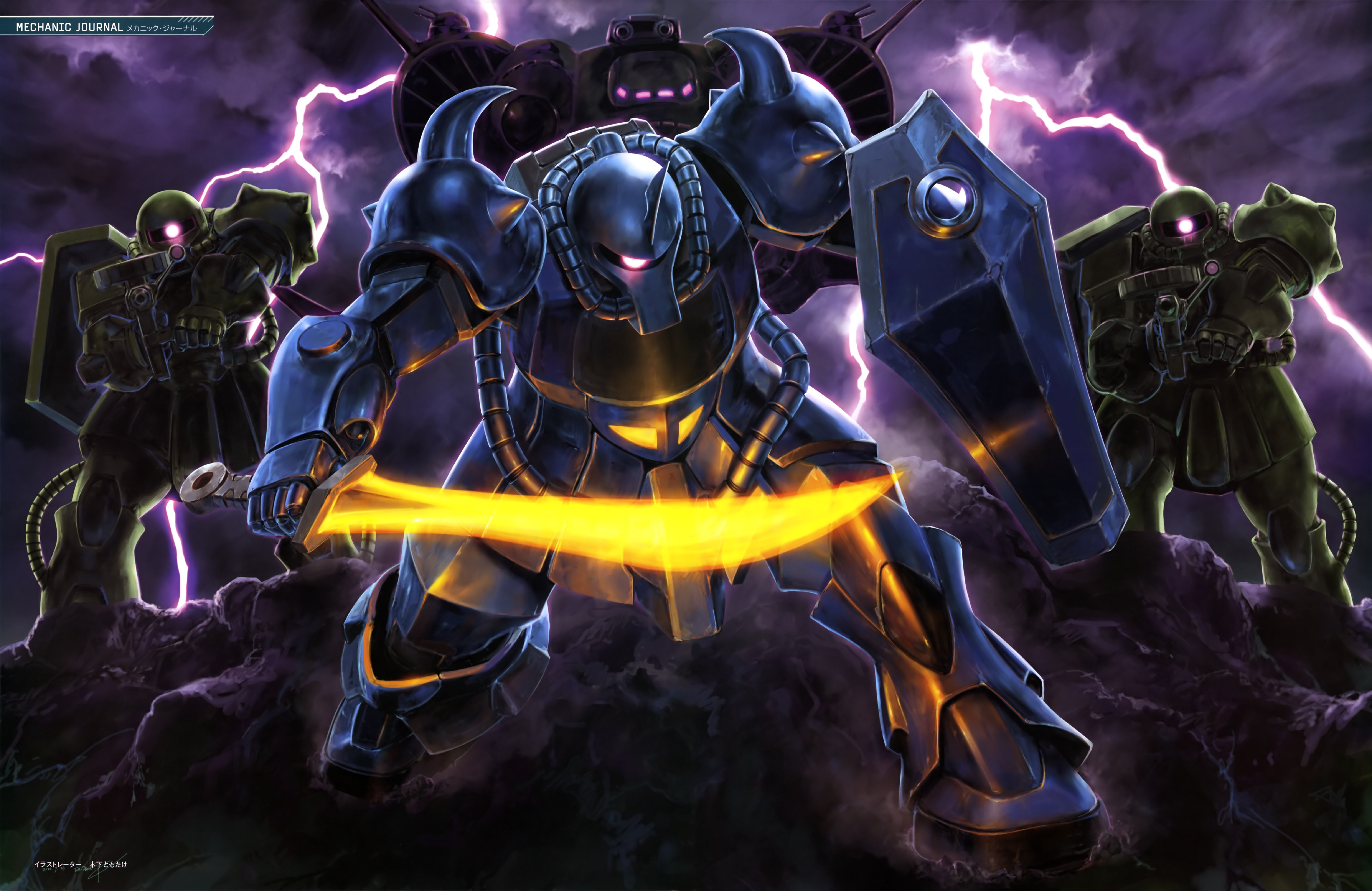 gouf, zaku ii, gundam, mobile suit gundam, absurdres, artist request, highres, magazine scan, painting (medium), scan, traditional media, aiming, cable, cloud, cloudy sky, desert, gun, gundam perfect file, lightning, machine gun, machinery, mecha, mecha focus, mobile suit, night, no humans, realistic, robot, scene reference, science fiction, shield, shoulder spikes, sky, spacecraft, spikes, storm, sword, weapon, zanzibar (space shuttle), zeon