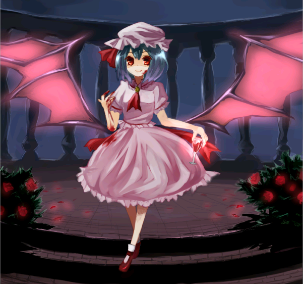 kame, remilia scarlet, touhou, bad id, bad pixiv id, 1girl, bat wings, blood, blue hair, female focus, flower, full body, glass, hat, plant, red eyes, ribbon, short hair, smile, solo, wings
