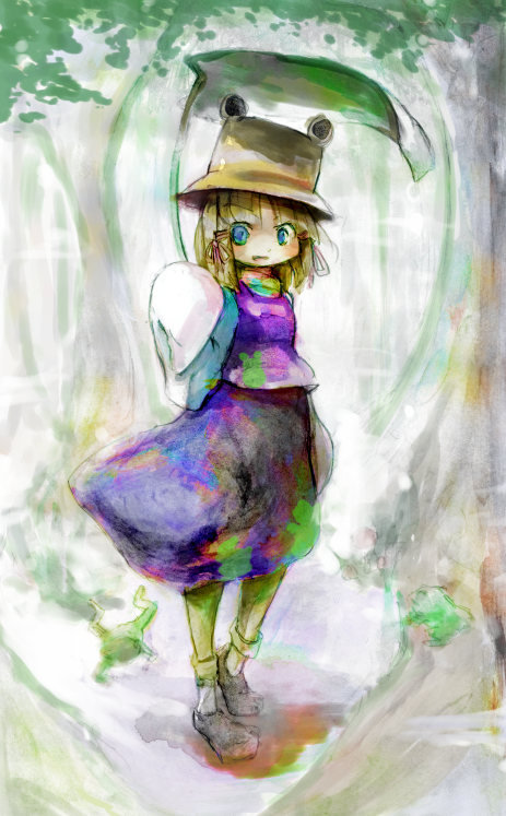 luft (luft dokka), moriya suwako, touhou, 1girl, blonde hair, female focus, forest, full body, hat, nature, outdoors, plant, ribbon, skirt, solo