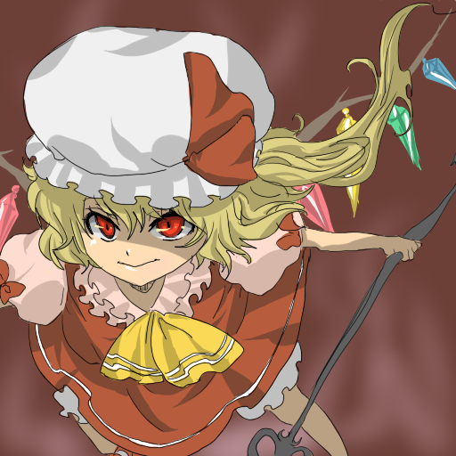 machomaru, maru ooyake, flandre scarlet, touhou, 1girl, blonde hair, female focus, hat, mob cap, ponytail, red eyes, ribbon, short hair, solo, wings