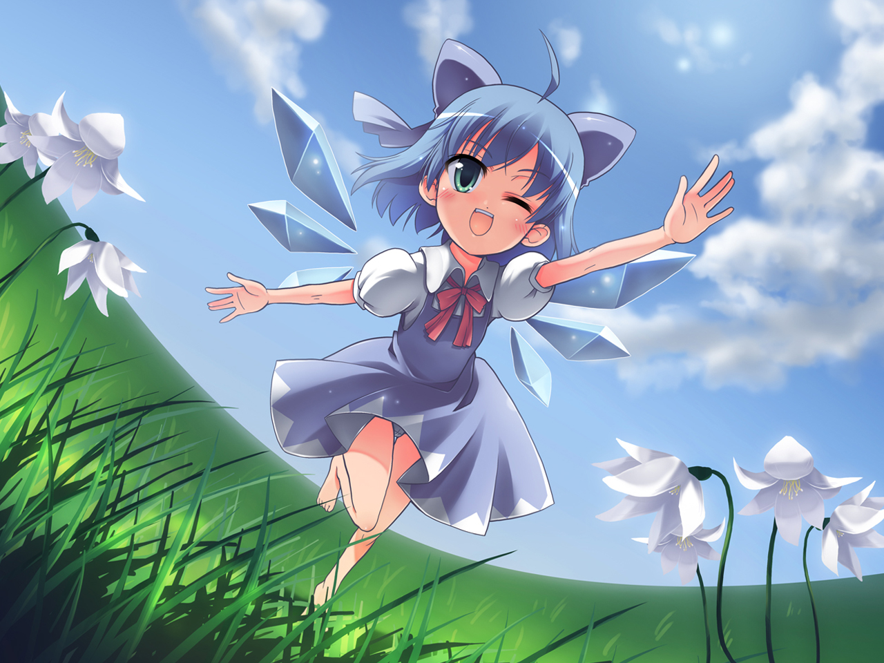 morujii, cirno, phantasmagoria of flower view, touhou, 1girl, ahoge, aqua eyes, barefoot, blue hair, cloud, day, female focus, fisheye, flower, grass, one eye closed, ribbon, sky, smile, solo, wings, wink