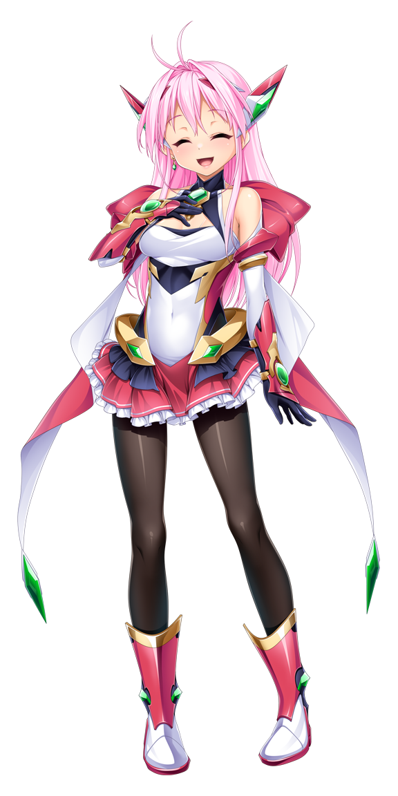 kamitsurugi ouka, aikawa haruno, exs-tia ignis, kouyoku senki exs-tia concert, game cg, large variant set, non-web source, official art, variant set, 1girl, antenna hair, bare shoulders, black gloves, black pantyhose, boots, breasts, chest jewel, cleavage, closed eyes, clothing cutout, covered navel, earrings, elbow gloves, facing viewer, frilled skirt, frills, full body, gloves, hand on own chest, headgear, jewelry, long hair, magical girl, medium breasts, miniskirt, open mouth, pantyhose, pink hair, pleated skirt, red skirt, skirt, smile, solo, standing, transparent background