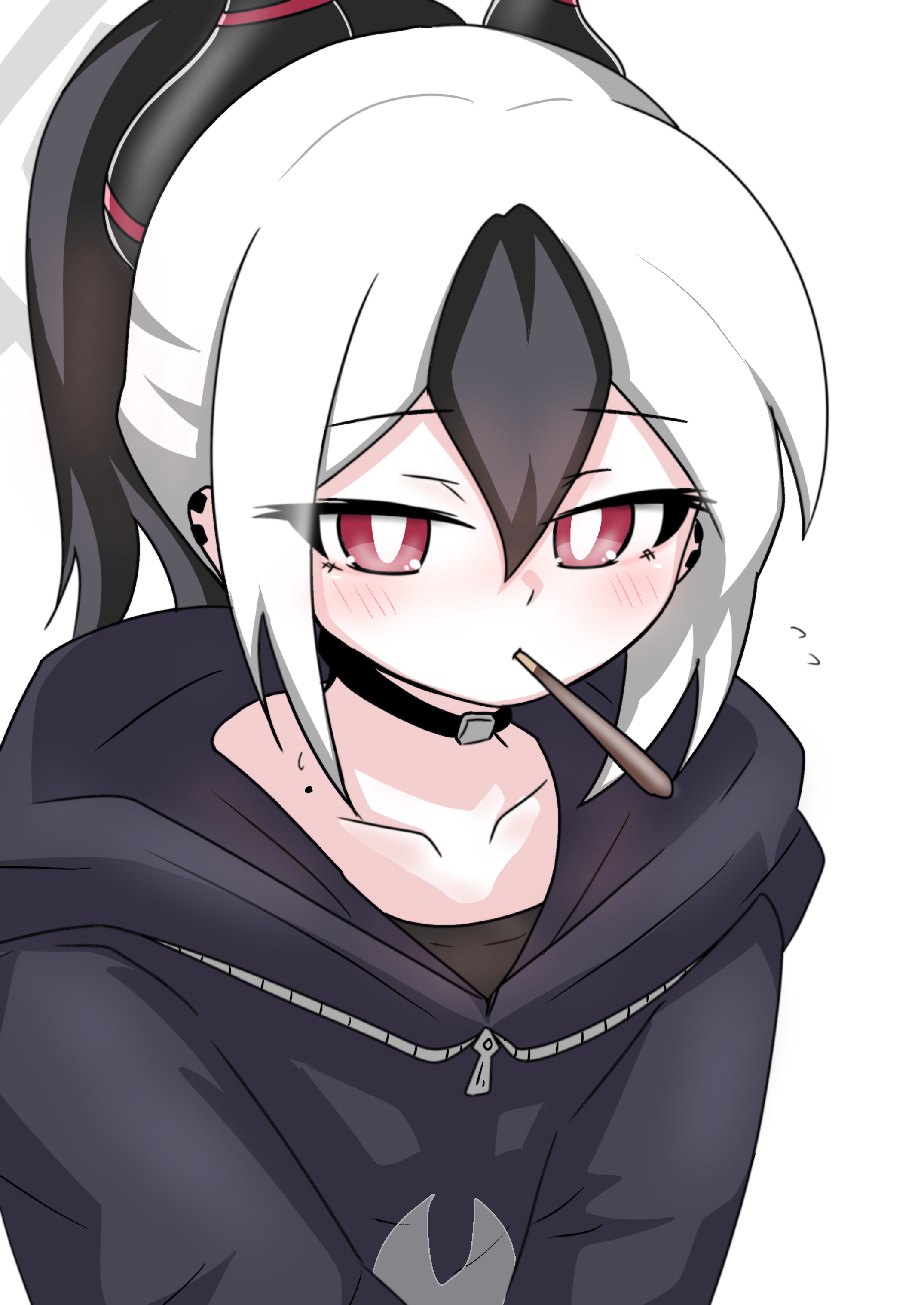 tomimon, kayoko (blue archive), blue archive, absurdres, commentary request, highres, 1girl, black hair, black hoodie, black shirt, blush, ear piercing, flying sweatdrops, food in mouth, hair between eyes, halo, hood, hood down, hoodie, horns, looking at viewer, mouth hold, multicolored hair, piercing, pocky day, red eyes, shirt, simple background, solo, two-tone hair, upper body, white background, white hair