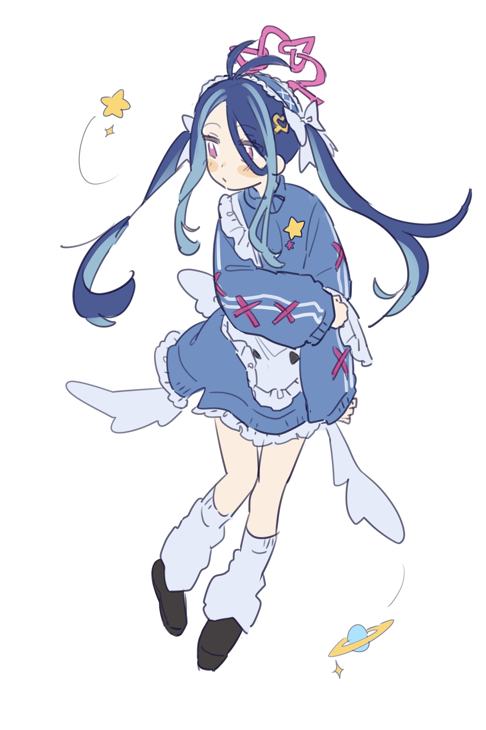 tokage (pr), fubuki (blue archive), blue archive, absurdres, highres, 1girl, antenna hair, apron, black shoes, blue hair, blue jacket, blush, bow, closed mouth, frilled apron, frills, full body, hair between eyes, hair bow, hair ornament, hairband, halo, hand on own arm, holding own arm, jacket, jersey maid, leg warmers, long hair, long sleeves, looking to the side, loose socks, maid, maid headdress, multicolored hair, pink eyes, pink halo, shoes, sidelocks, simple background, socks, solo, star (symbol), star hair ornament, streaked hair, track jacket, twintails, unconventional maid, white apron, white background, white bow, white socks, wings