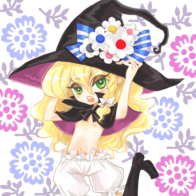 girotin ginza, kirisame marisa, touhou, 1girl, blonde hair, bloomers, braid, capelet, female focus, flat chest, green eyes, hair ribbon, hat, nipples, ribbon, solo, underwear, white bloomers, witch hat