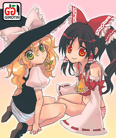girotin ginza, hakurei reimu, kirisame marisa, touhou, lowres, 2girls, black hair, blonde hair, braid, detached sleeves, female focus, green eyes, hat, japanese clothes, miko, multiple girls, no pants, panties, red eyes, striped clothes, striped panties, underwear, witch, witch hat