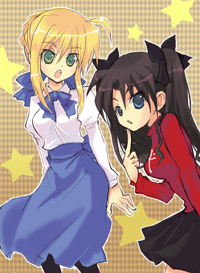 girotin ginza, artoria pendragon (fate), saber (fate), tohsaka rin, fate/stay night, fate (series), 00s, 2girls, ahoge, black hair, blouse, blue eyes, green eyes, multiple girls, pantyhose, shirt