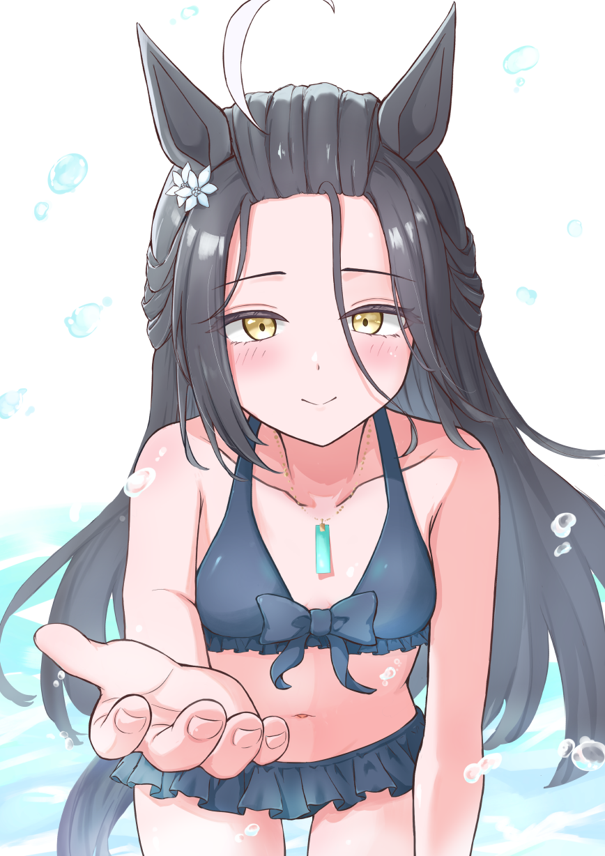 hojichabu, manhattan cafe (the bubbles that i see with you) (umamusume), manhattan cafe (umamusume), umamusume, highres, 1girl, animal ears, bangs pinned back, bare shoulders, bikini, bikini skirt, black bikini, black hair, blush, breasts, closed mouth, collarbone, flower, frilled bikini, frills, hair between eyes, hair flower, hair ornament, half updo, horse ears, horse girl, jewelry, leaning forward, long bangs, long hair, long hair between eyes, loose hair strand, navel, necklace, official alternate costume, official alternate hairstyle, reaching, reaching towards viewer, small breasts, smile, solo, swimsuit, very long hair, white flower, yellow eyes