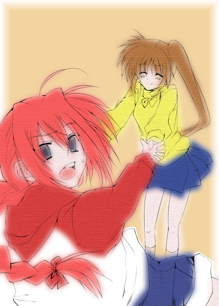 takamachi nanoha, vita (nanoha), lyrical nanoha, mahou shoujo lyrical nanoha, mahou shoujo lyrical nanoha strikers, highres, 00s, braid, brown hair, child, red hair, side ponytail, twin braids