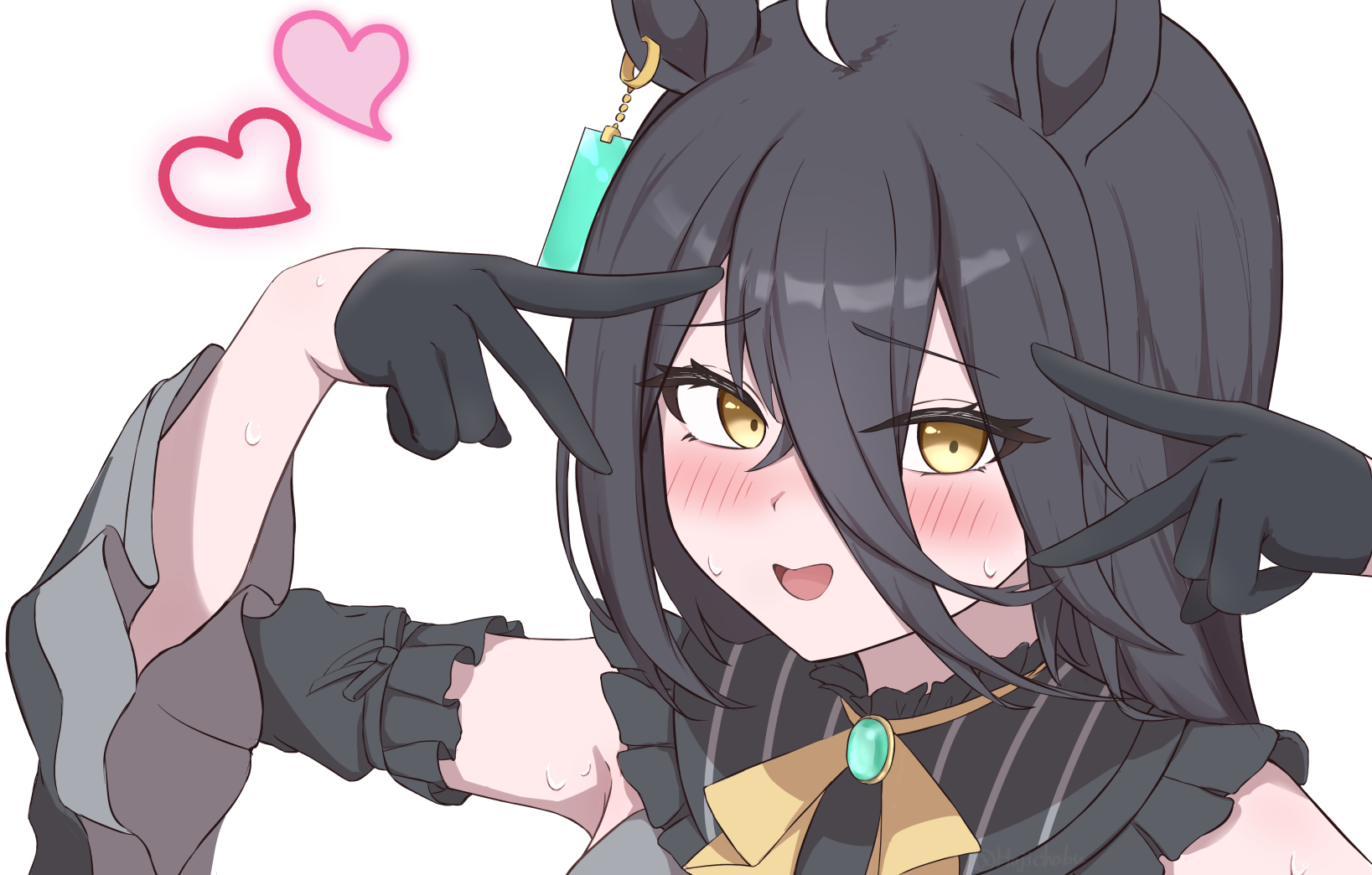 hojichabu, manhattan cafe (umamusume), umamusume, commentary request, highres, variant set, 1girl, ahoge, animal ears, black gloves, black shirt, black sleeves, blush, detached sleeves, double v, ear tag, earrings, embarrassed, eyelashes, frilled shirt, frills, gloves, hair between eyes, half gloves, hands up, horse ears, horse girl, hoshino ai's pose, jewelry, long bangs, long hair between eyes, multicolored hair, nervous sweating, open mouth, shirt, simple background, single earring, sleeveless, sleeveless shirt, smile, solo, sweat, v, white background, white hair, yellow eyes