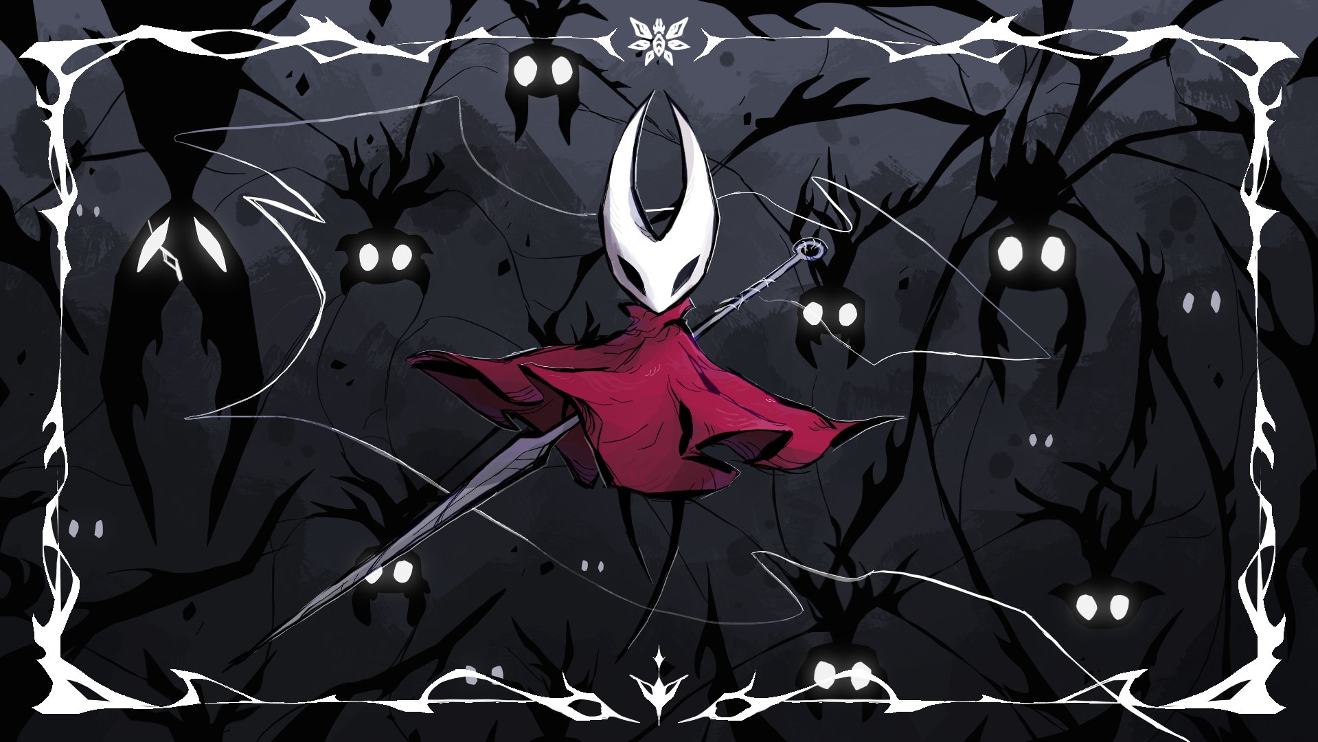 hollow knight (character), hornet (hollow knight), knight (hollow knight), shade (hollow knight), void entity (hollow knight), hollow knight, commentary, english commentary, highres, spoilers, 1girl, 6+others, arthropod girl, black skin, border, cloak, colored skin, floating cape, full body, glowing, glowing eyes, holding, holding weapon, hollow eyes, horned mask, inset border, mask, multiple others, needle (hollow knight), nullgas310, ornate border, red cloak, tendrils from back, thread, weapon, white eyes, white mask