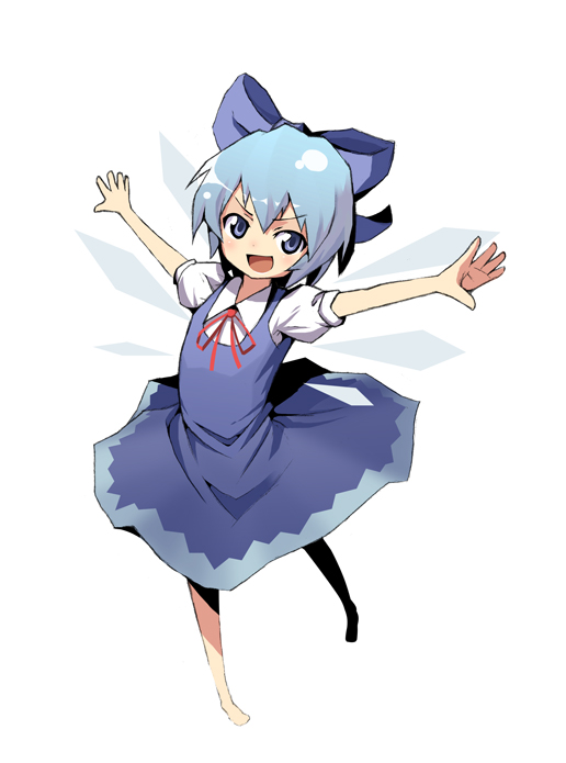 kasuga ayumu (artist), kasuga ayumu (haruhipo), cirno, embodiment of scarlet devil, touhou, bad id, bad pixiv id, 1girl, blue eyes, blue hair, bow, female focus, hair ribbon, matching hair/eyes, outstretched arms, ribbon, solo, spread arms, wings